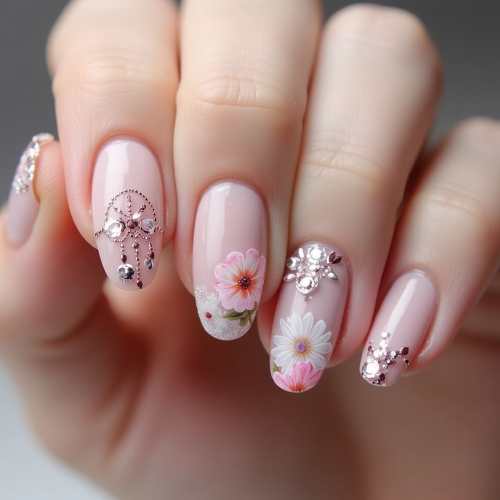 Mother's Day Rhinestones Nail Design
