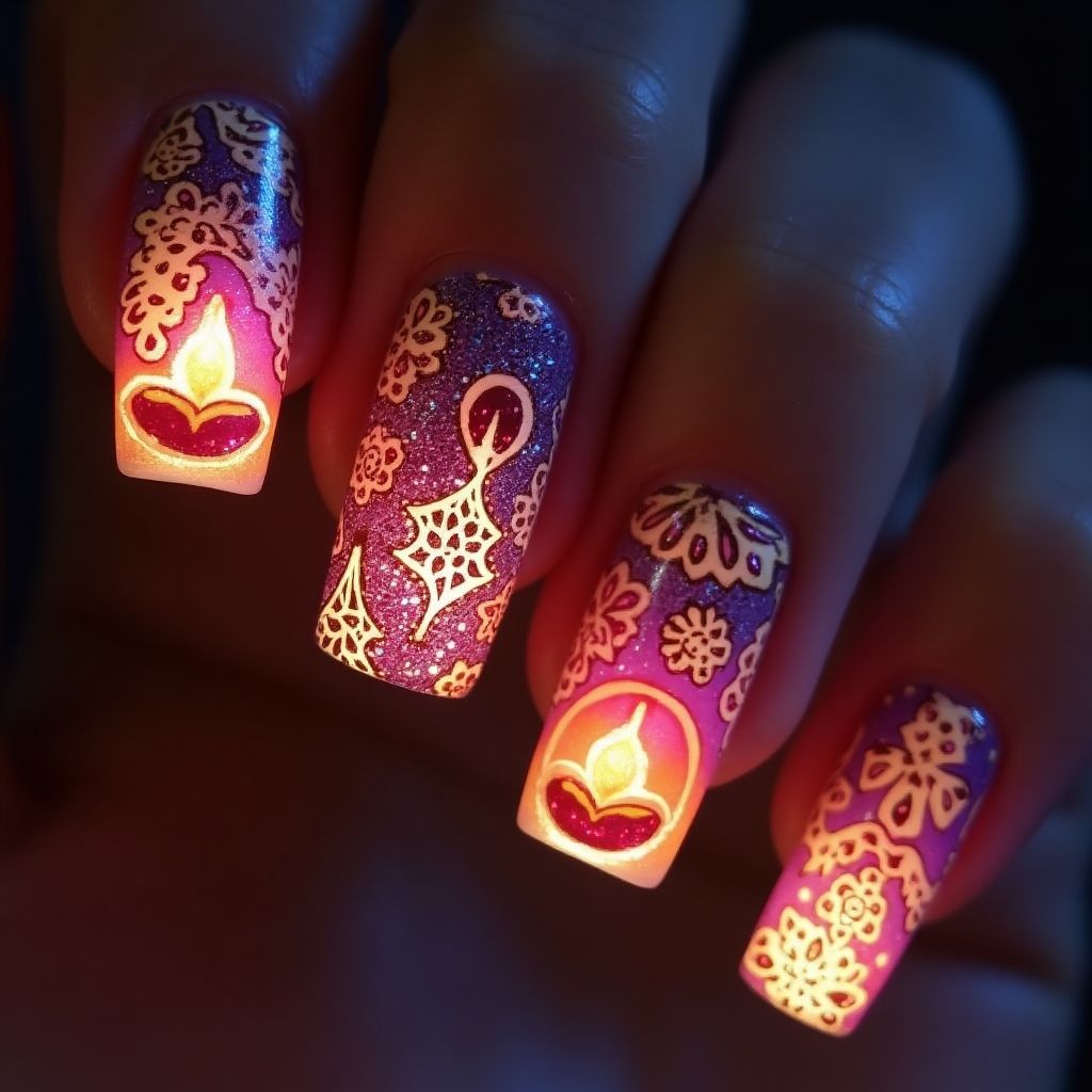 Diwali Glow In The Dark Polish Nail Design