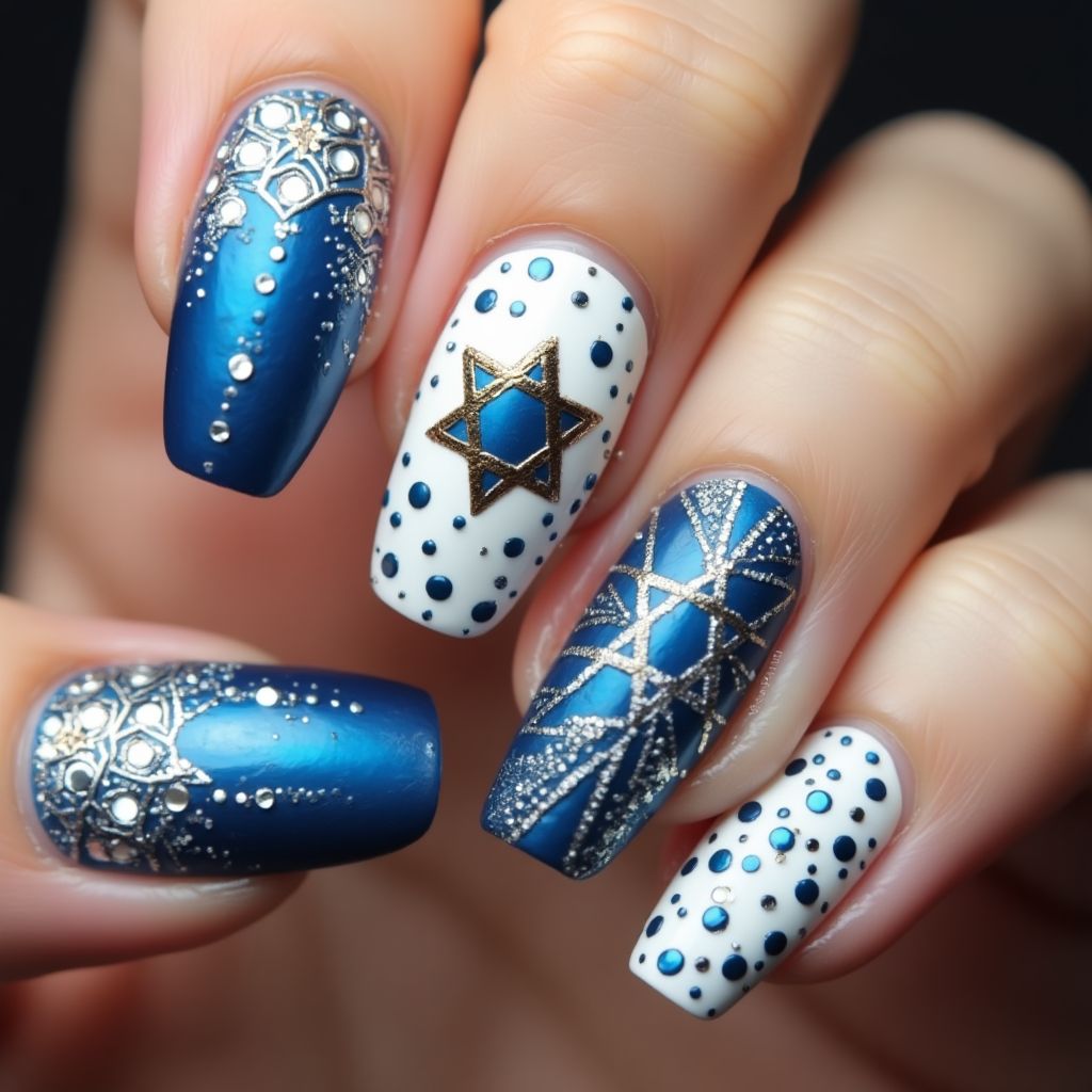 Hanukkah Rhinestones Nail Design