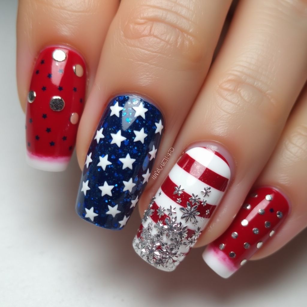 4th Of July Holo Powder Nail Design