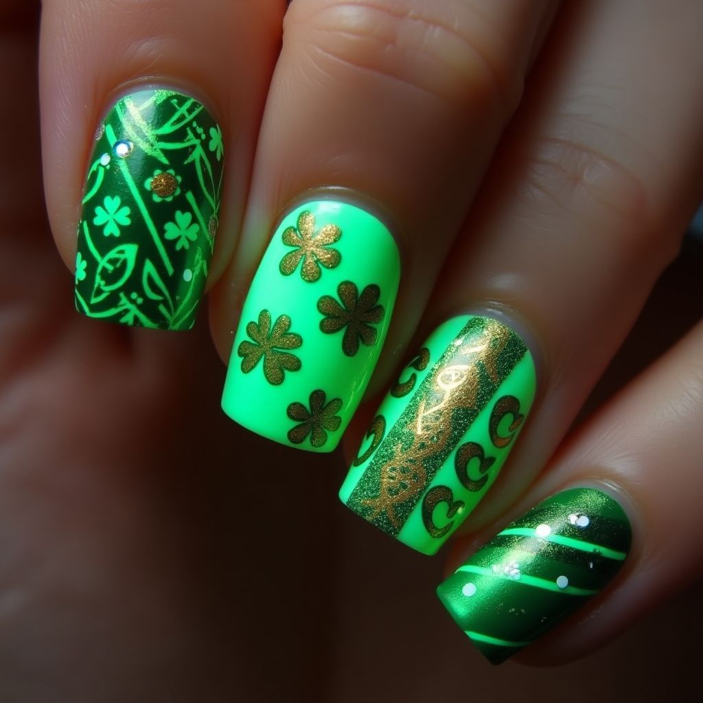 St Patrick's Day Glow In The Dark Polish Nail Design