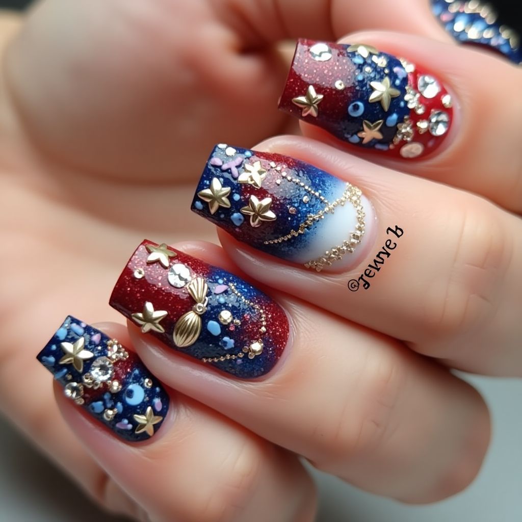 Labor Day Rhinestones Nail Design