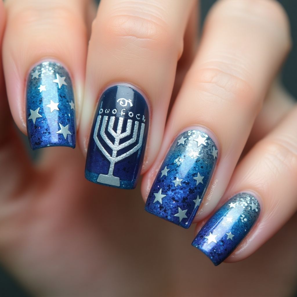 Hanukkah Holo Powder Nail Design