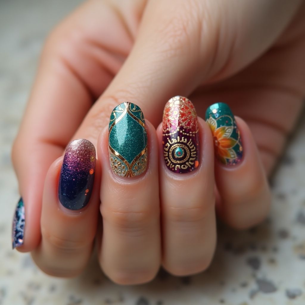 Diwali Mermaid Powder Nail Design