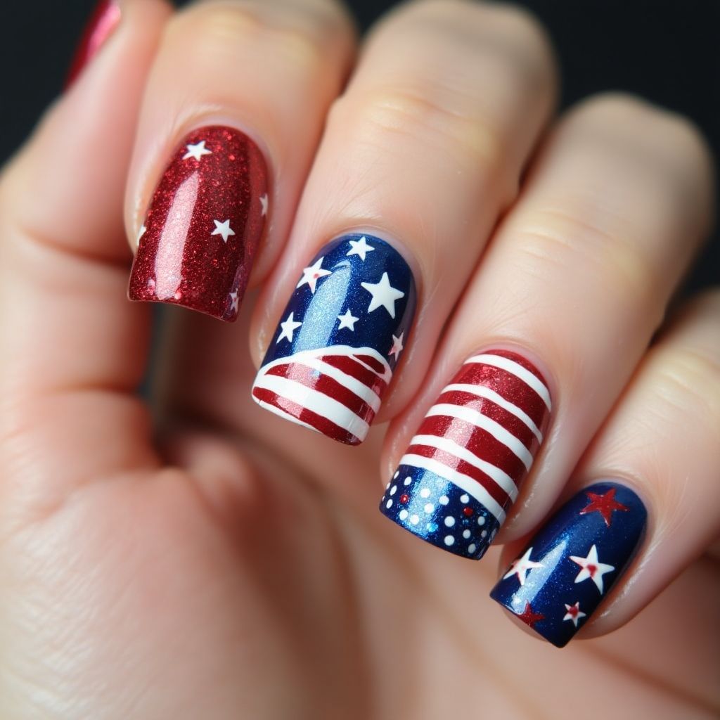 4th Of July Magnetic Polish Nail Design