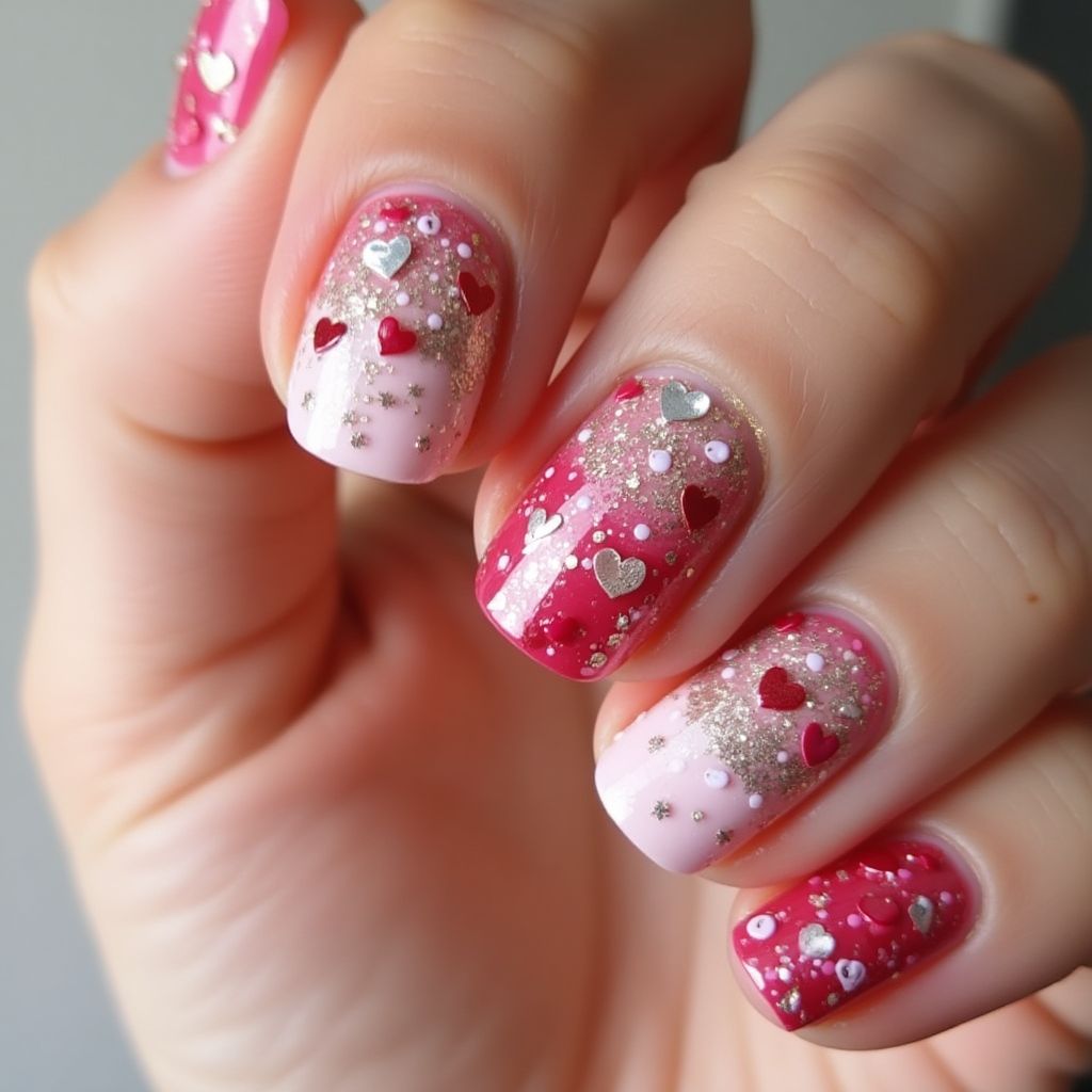 Valentine's Day Glitter Flakes Nail Design