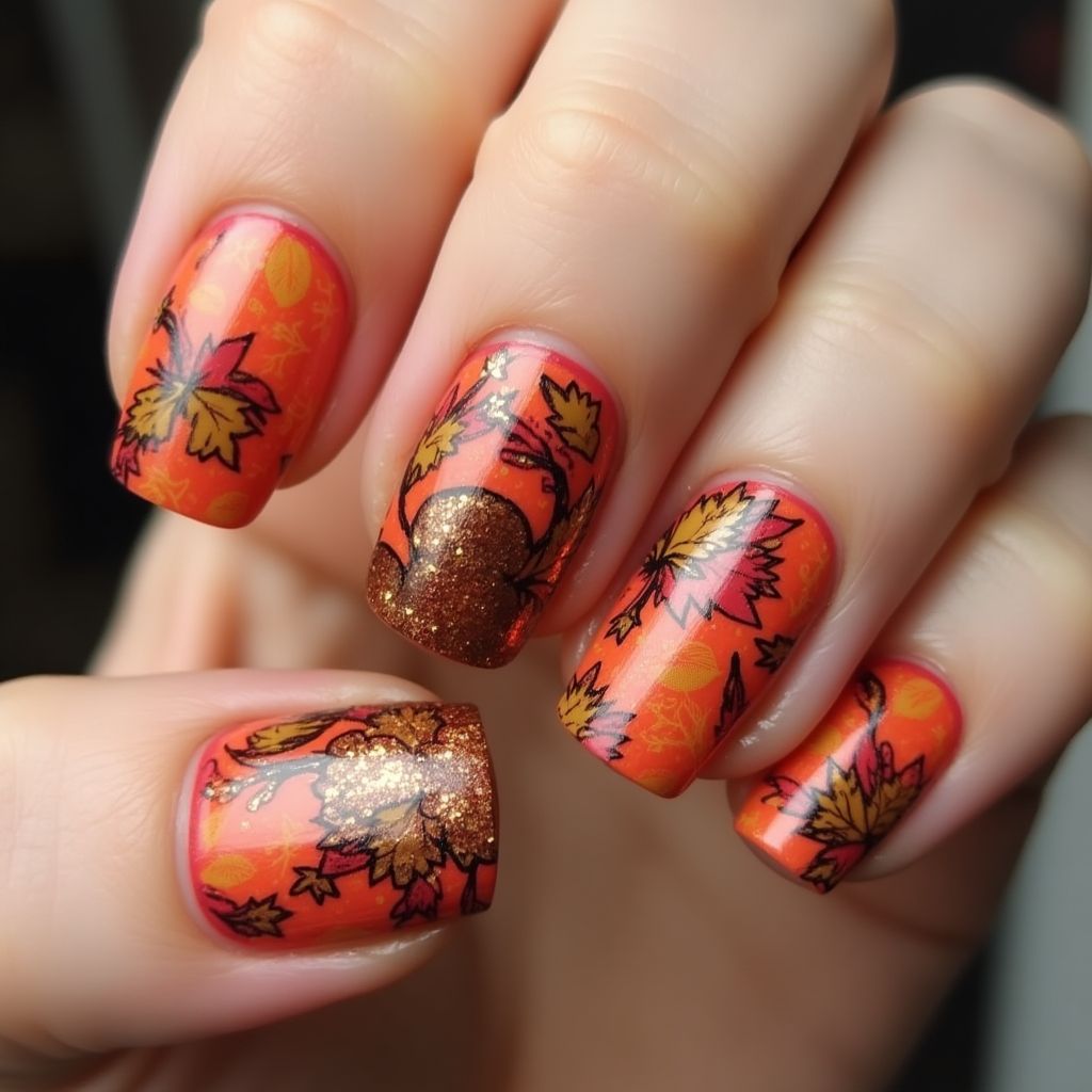 Thanksgiving Glitter Powder Nail Design