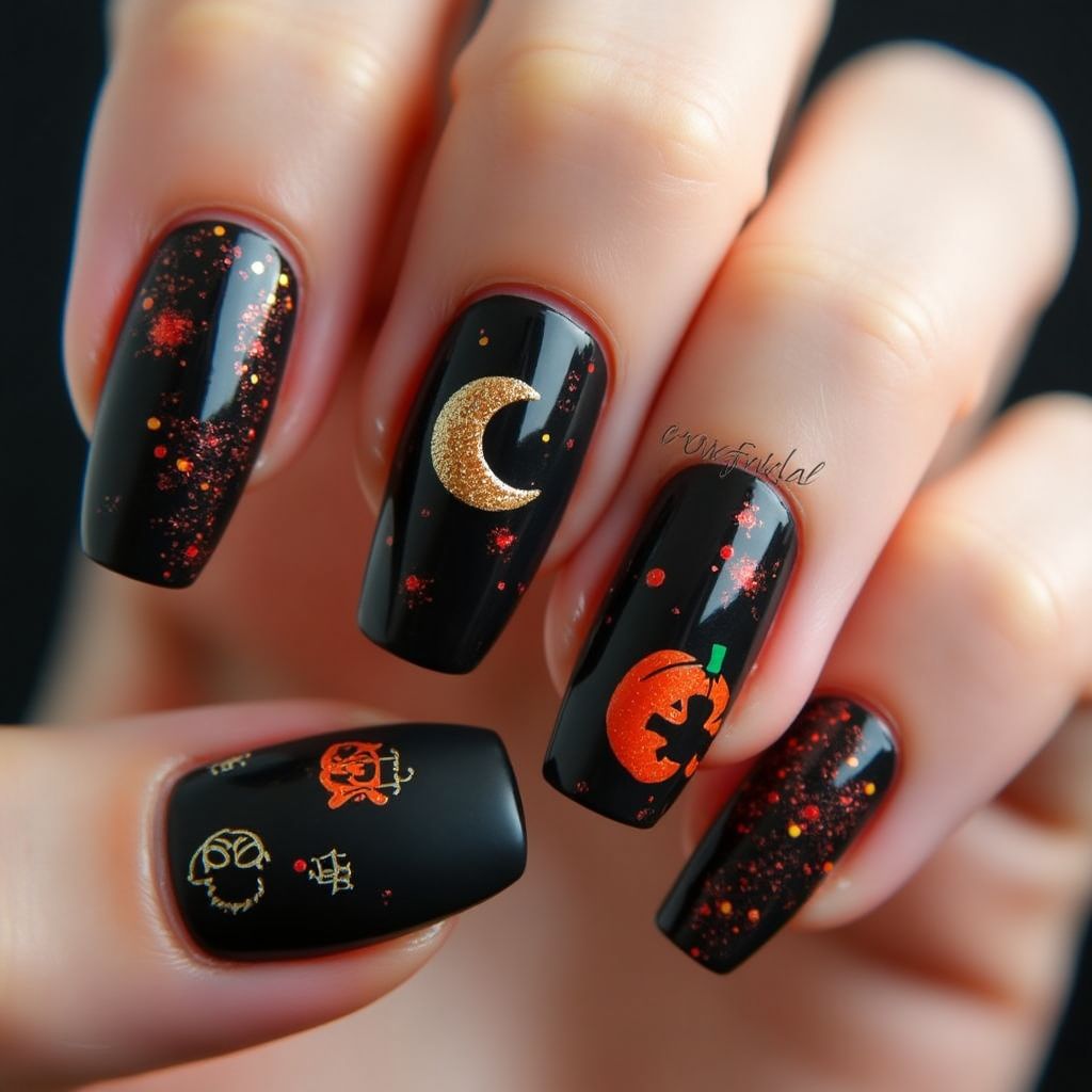 Halloween Glitter Flakes Nail Design
