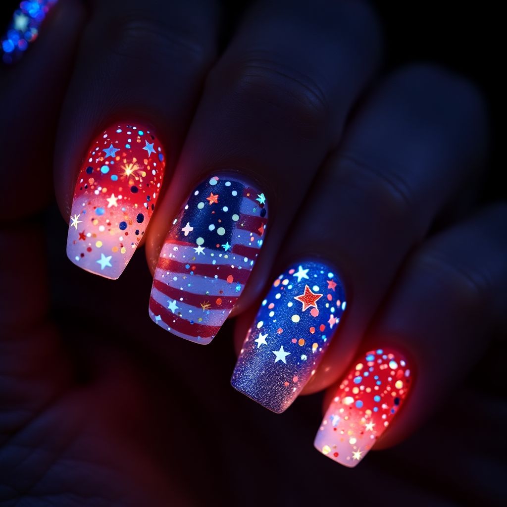 4th Of July Glow In The Dark Polish Nail Design