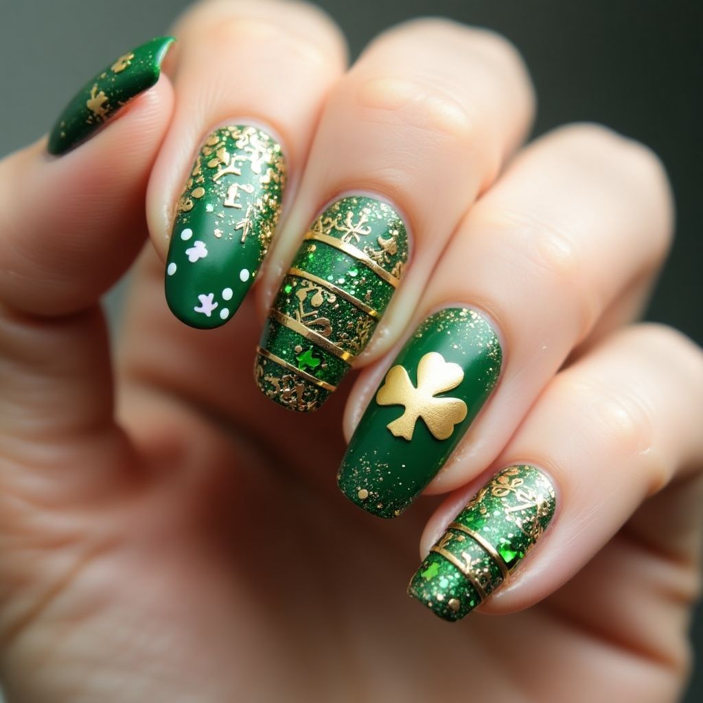 St Patrick's Day Glitter Powder Nail Design