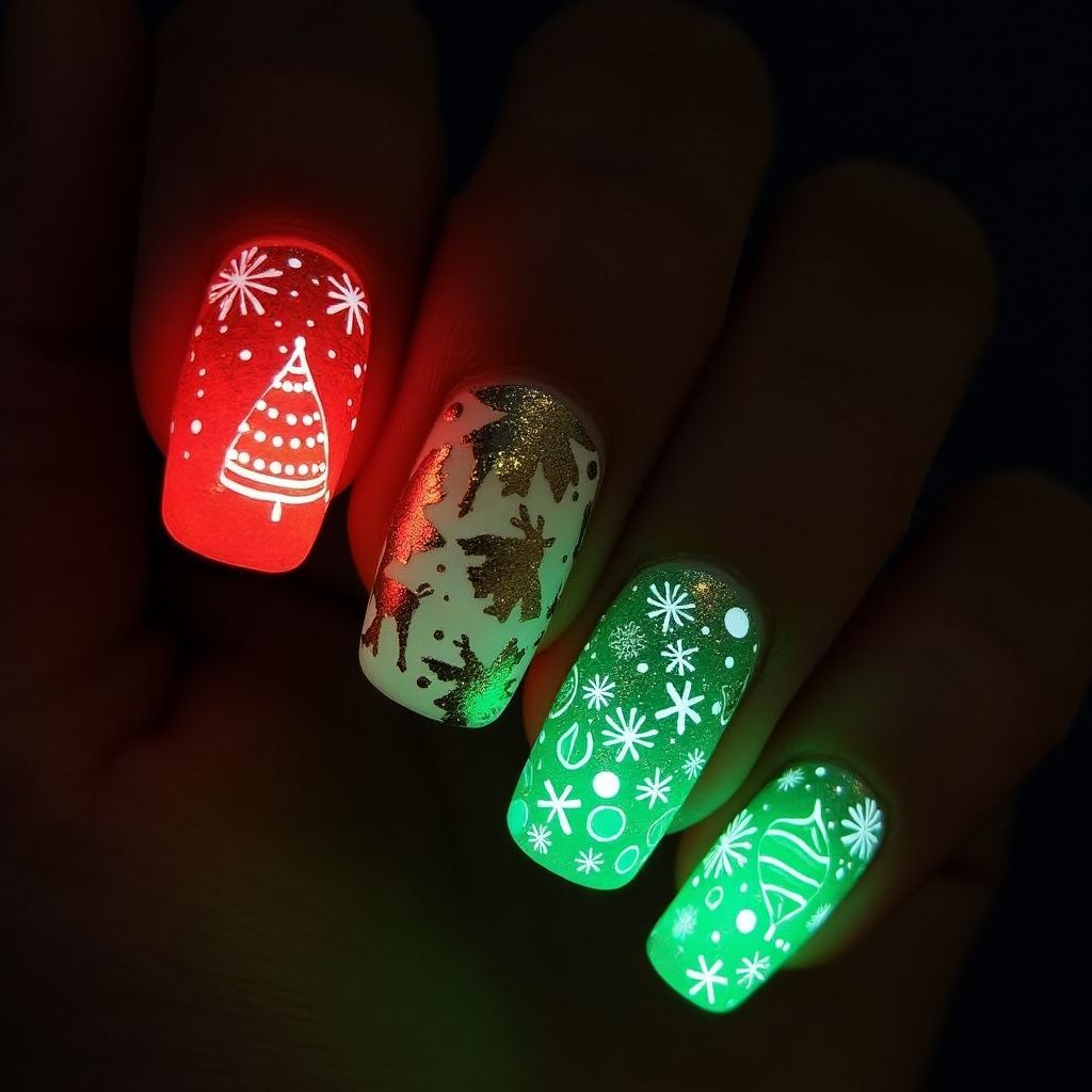 Christmas Glow In The Dark Polish Nail Design
