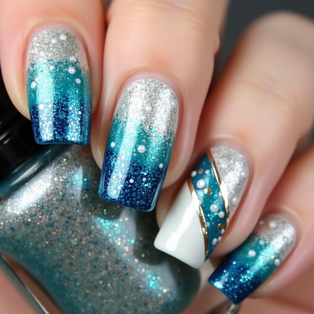 New Year Mermaid Powder Nail Design
