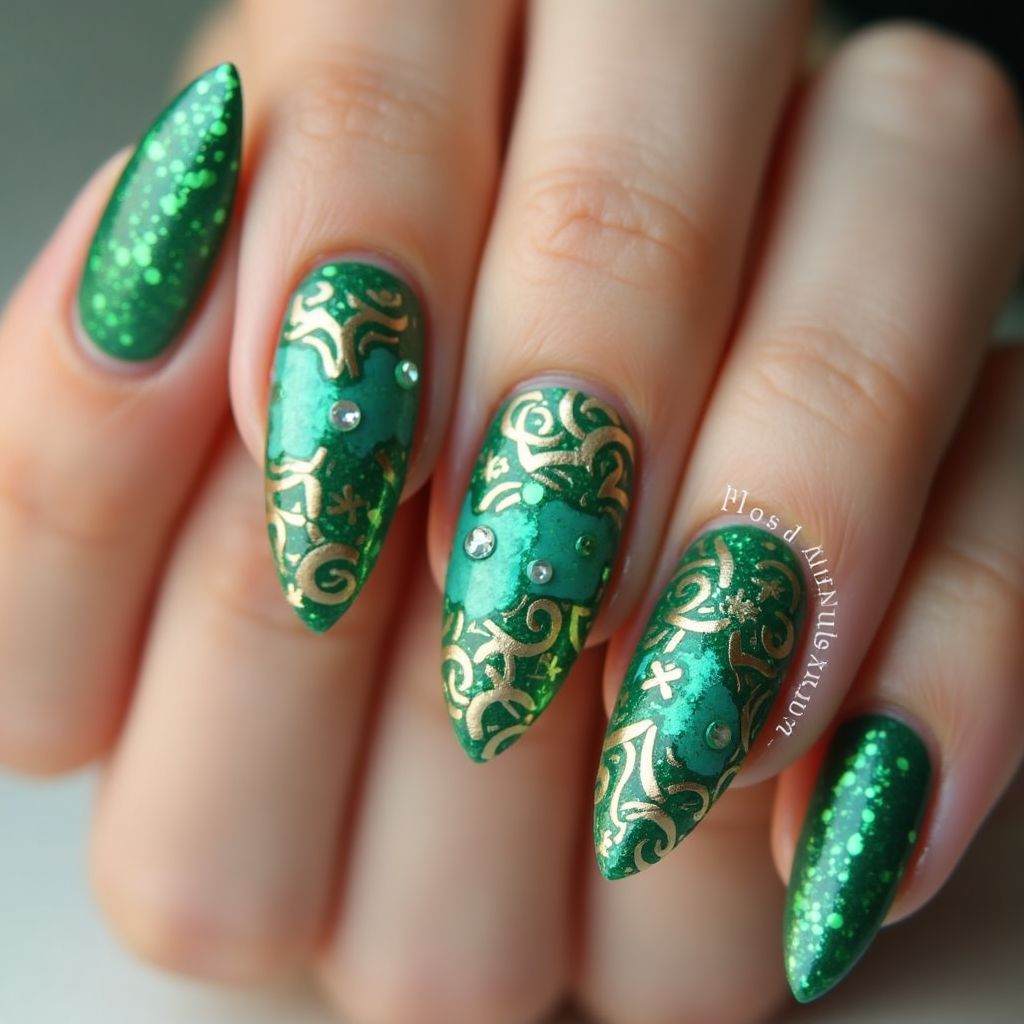 St Patrick's Day Mermaid Powder Nail Design