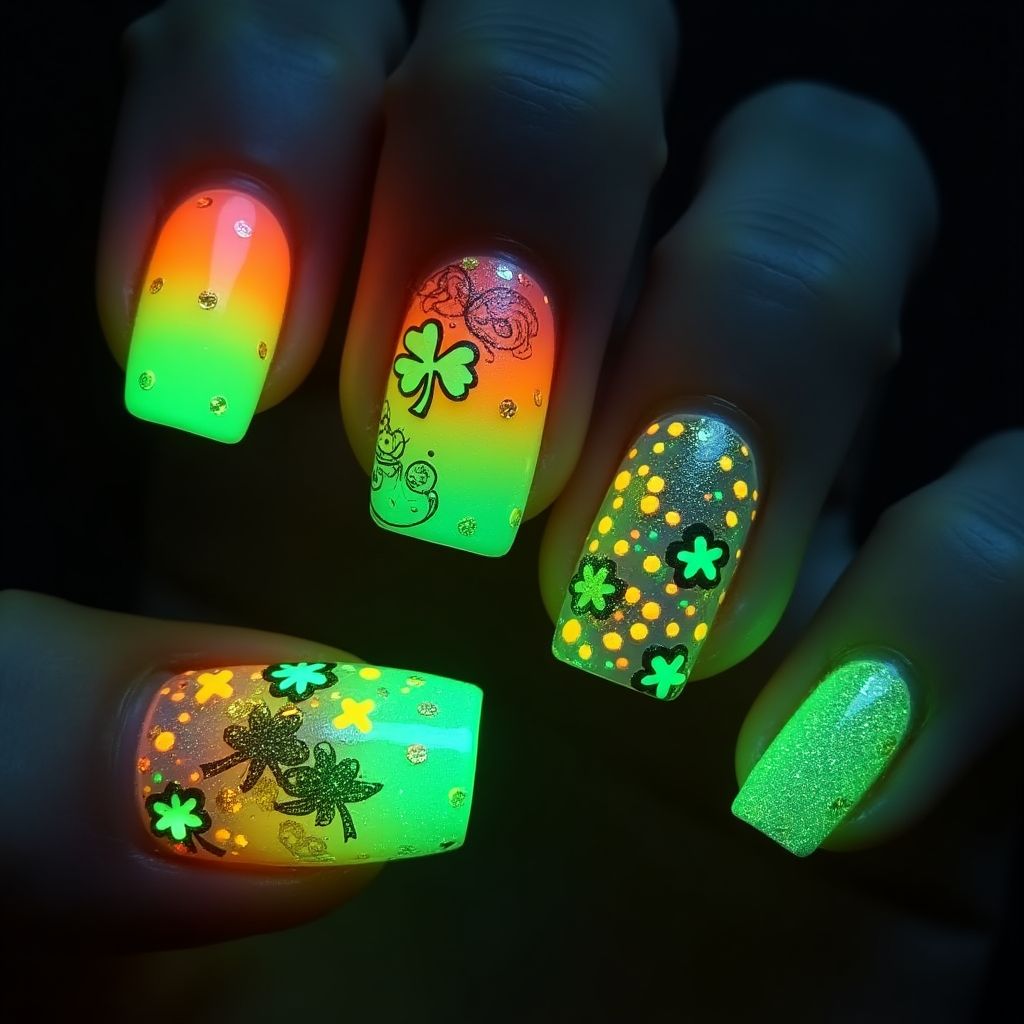St Patrick's Day Glow In The Dark Polish Nail Design