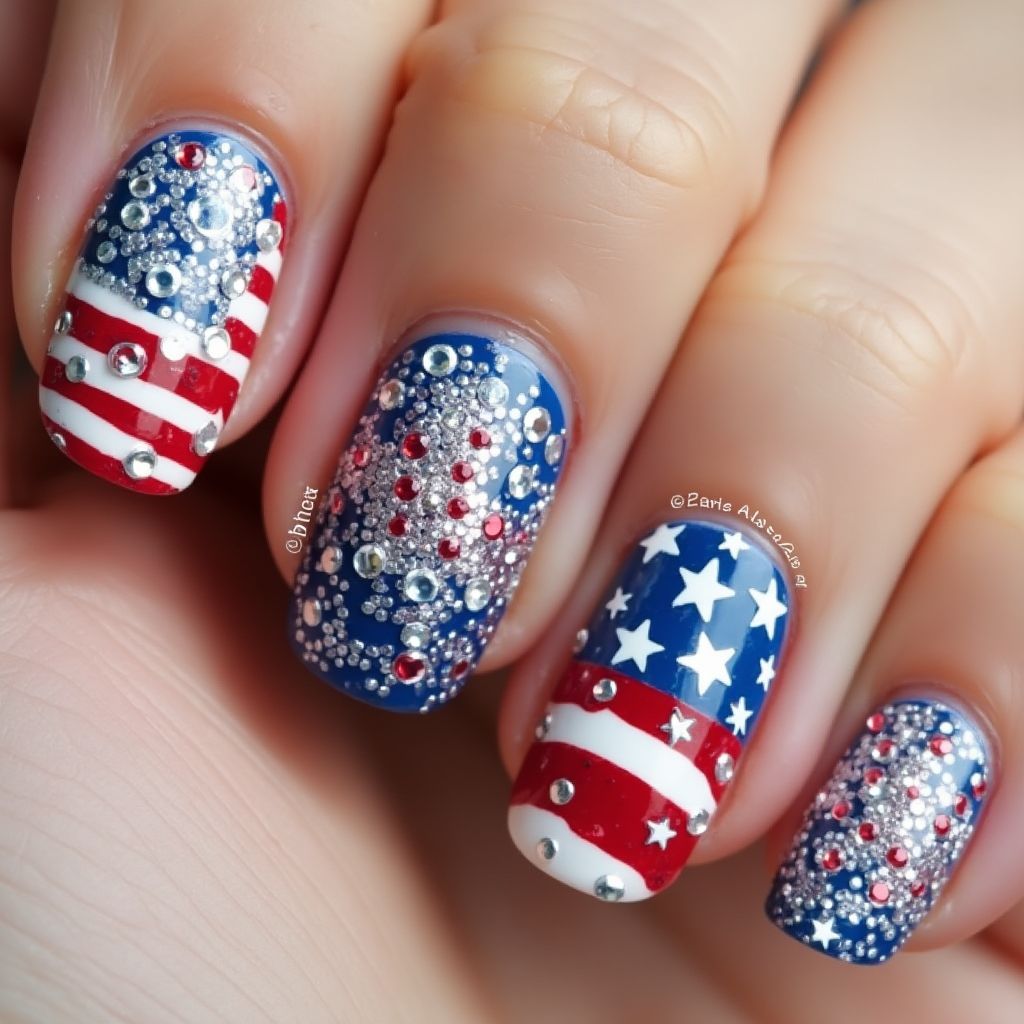4th Of July Rhinestones Nail Design