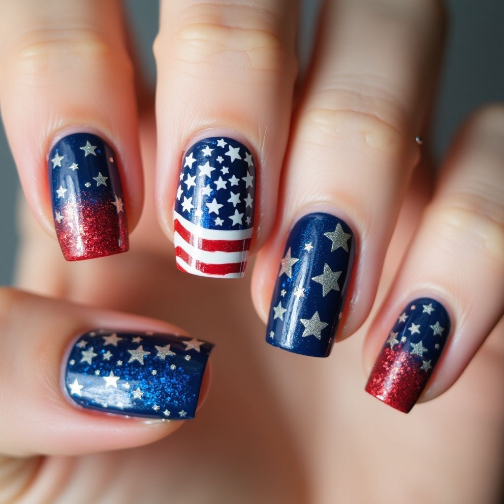 4th Of July Glitter Powder Nail Design