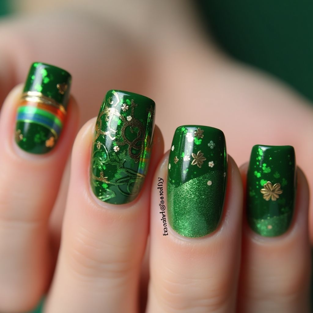 St Patrick's Day Holo Powder Nail Design