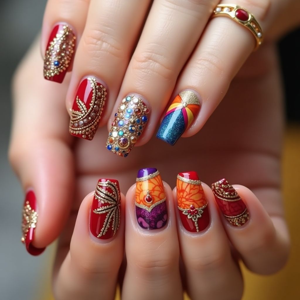 Diwali Caviar Beads Nail Design