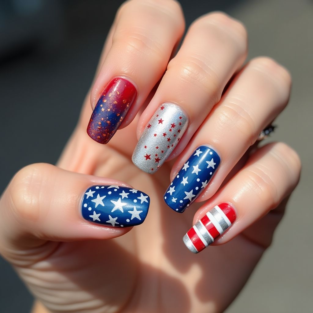 4th Of July Glitter Powder Nail Design