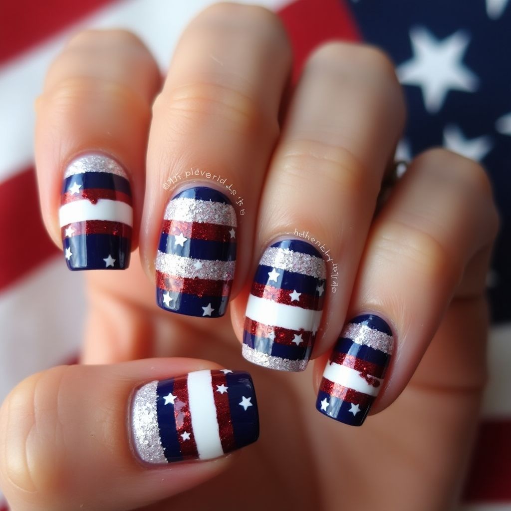 Labor Day Glitter Powder Nail Design