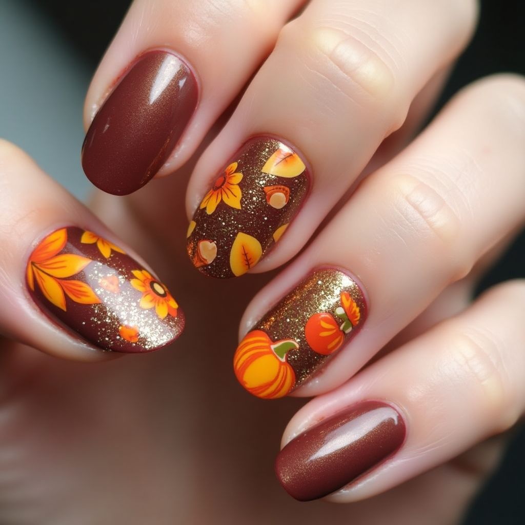 Thanksgiving Holo Powder Nail Design