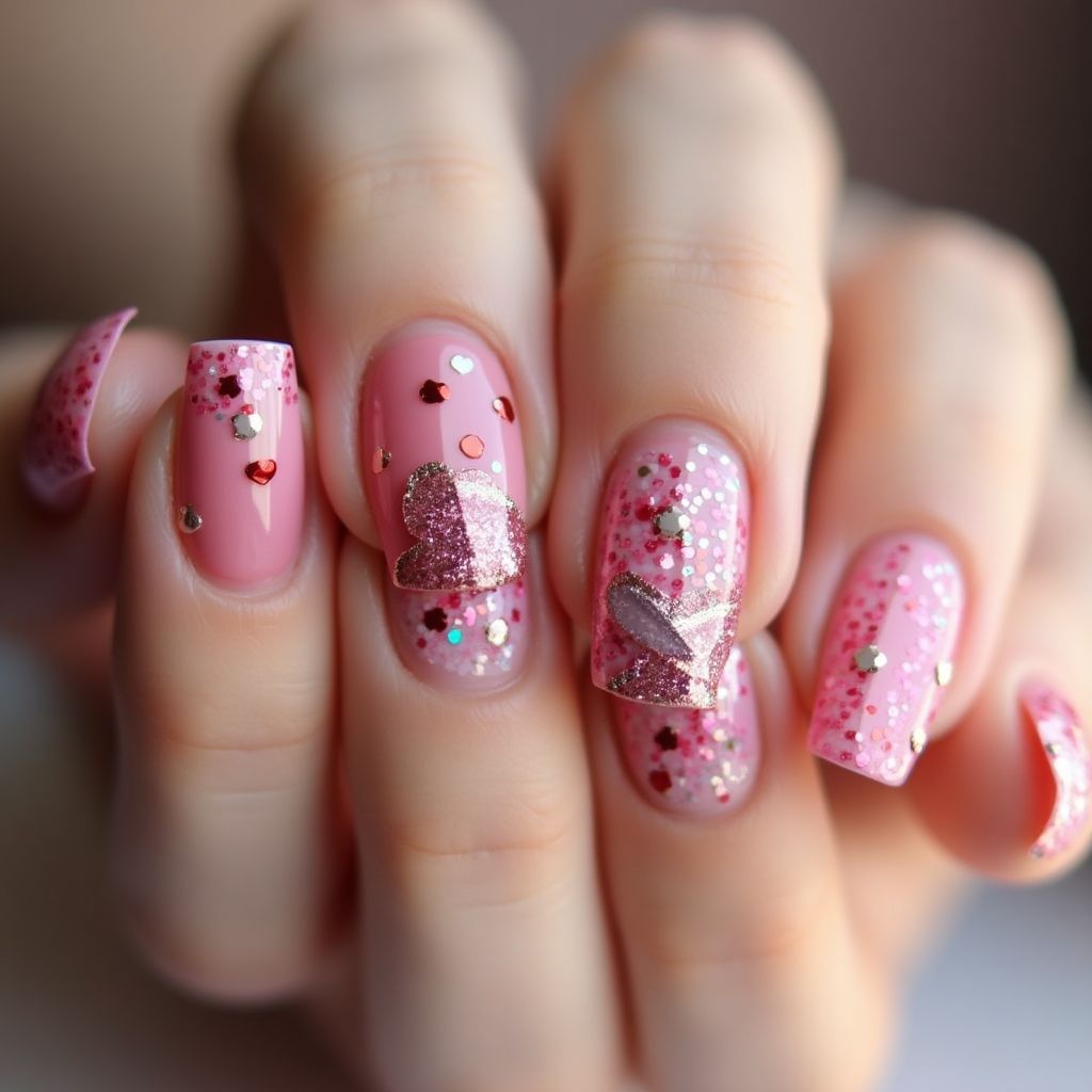 Valentine's Day Holo Powder Nail Design
