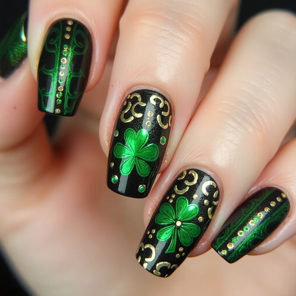 St Patrick's Day Chrome Powder Nail Design