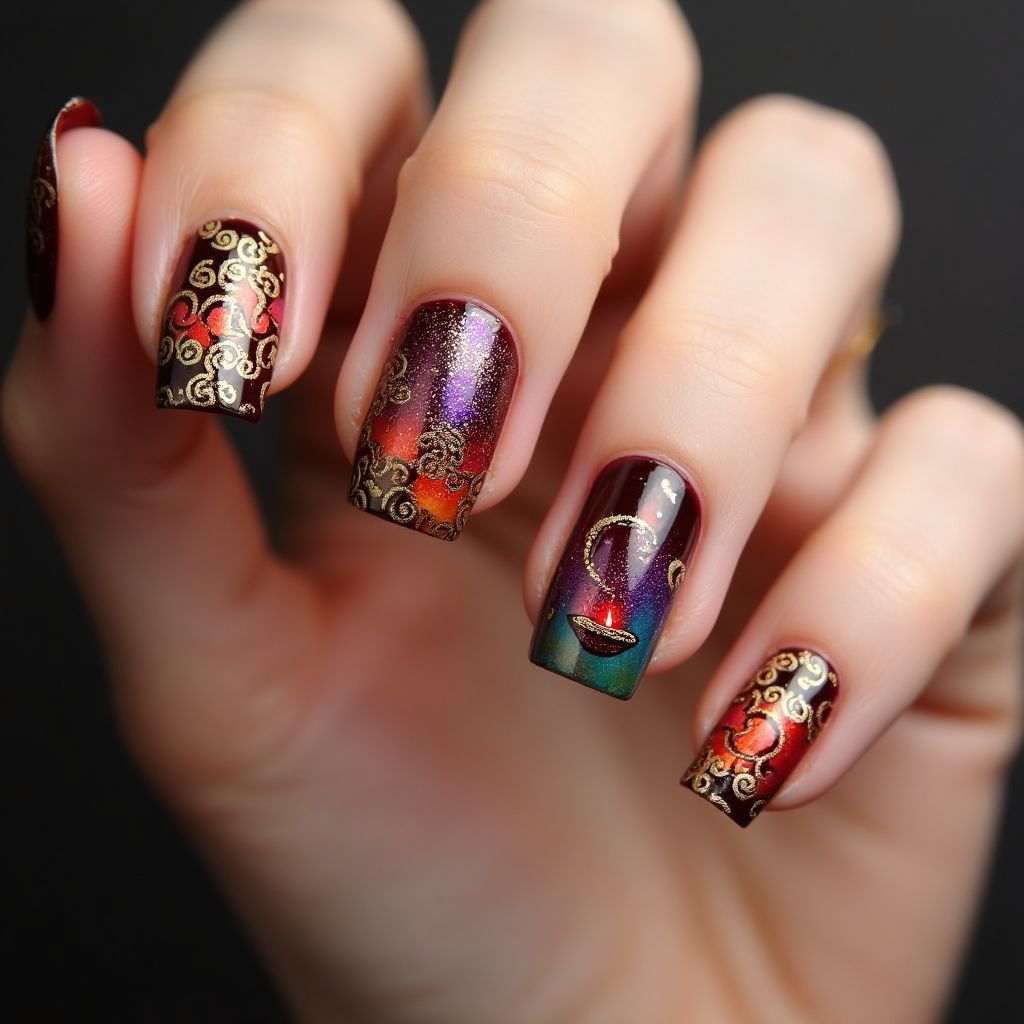 Diwali Holo Powder Nail Design