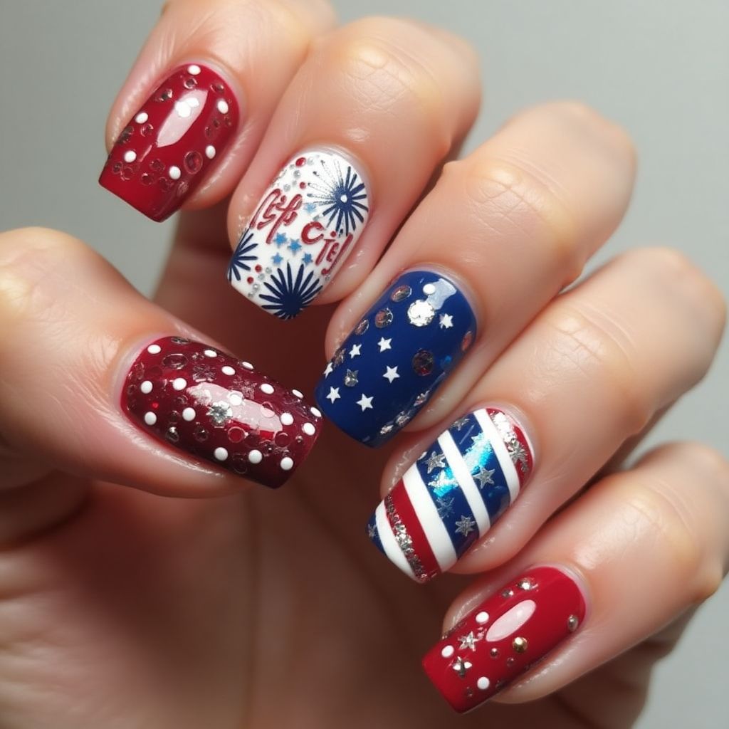 4th Of July Rhinestones Nail Design