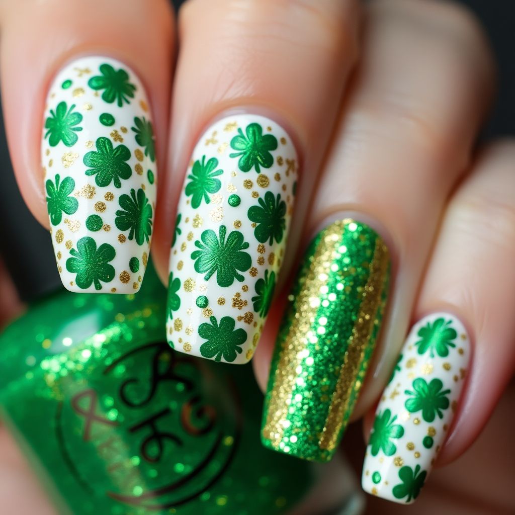 St Patrick's Day Glitter Powder Nail Design