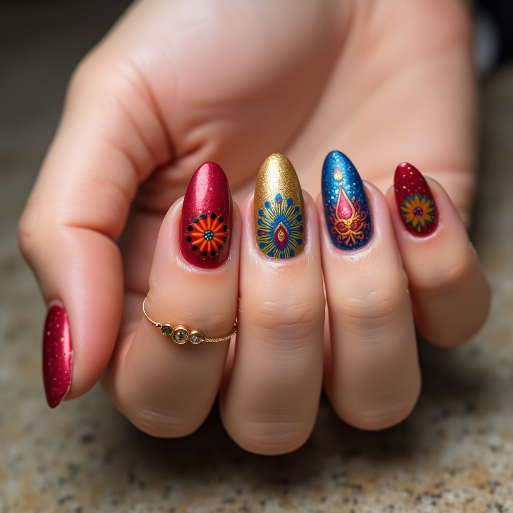 Diwali Acrylic Colors Nail Design