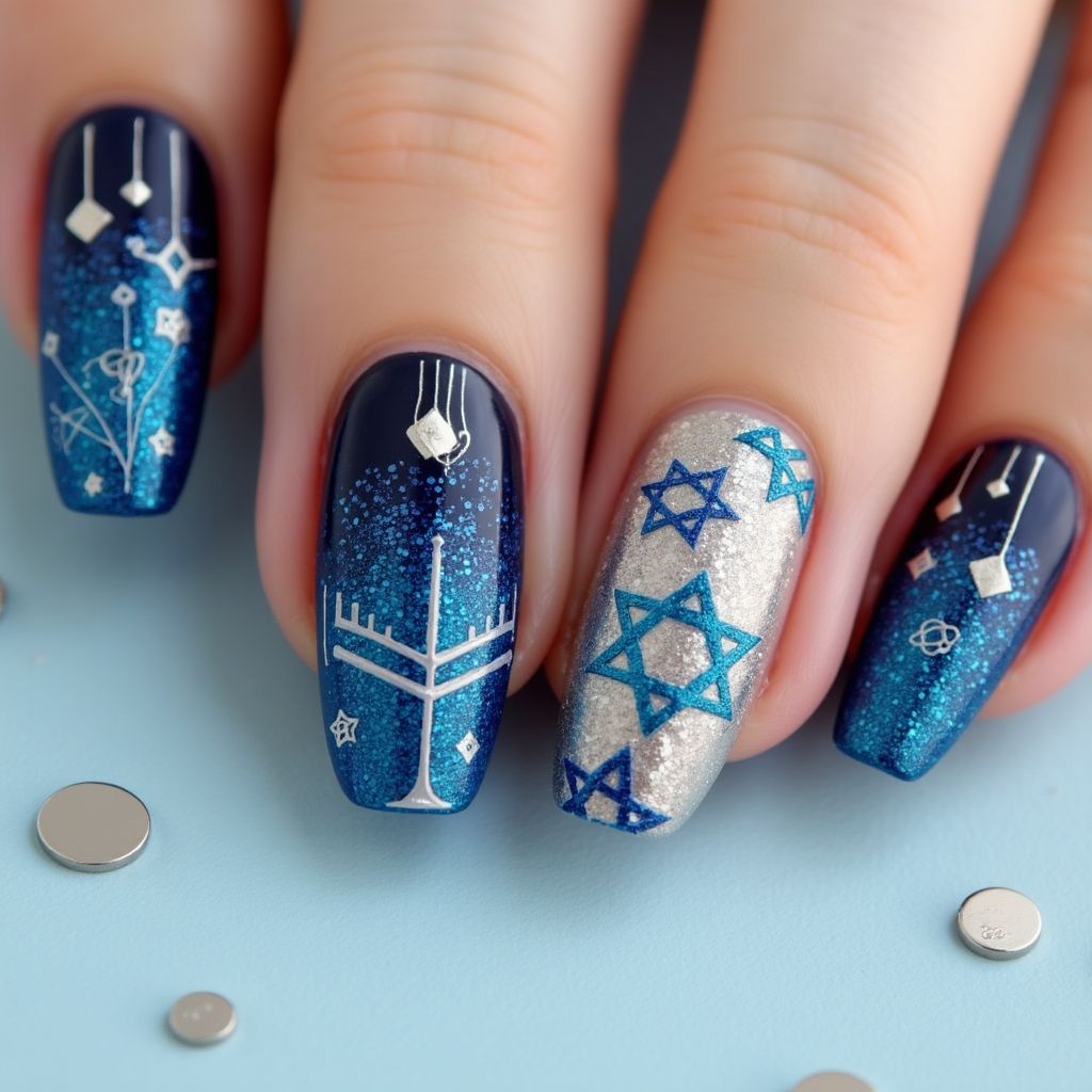 Hanukkah Glitter Powder Nail Design
