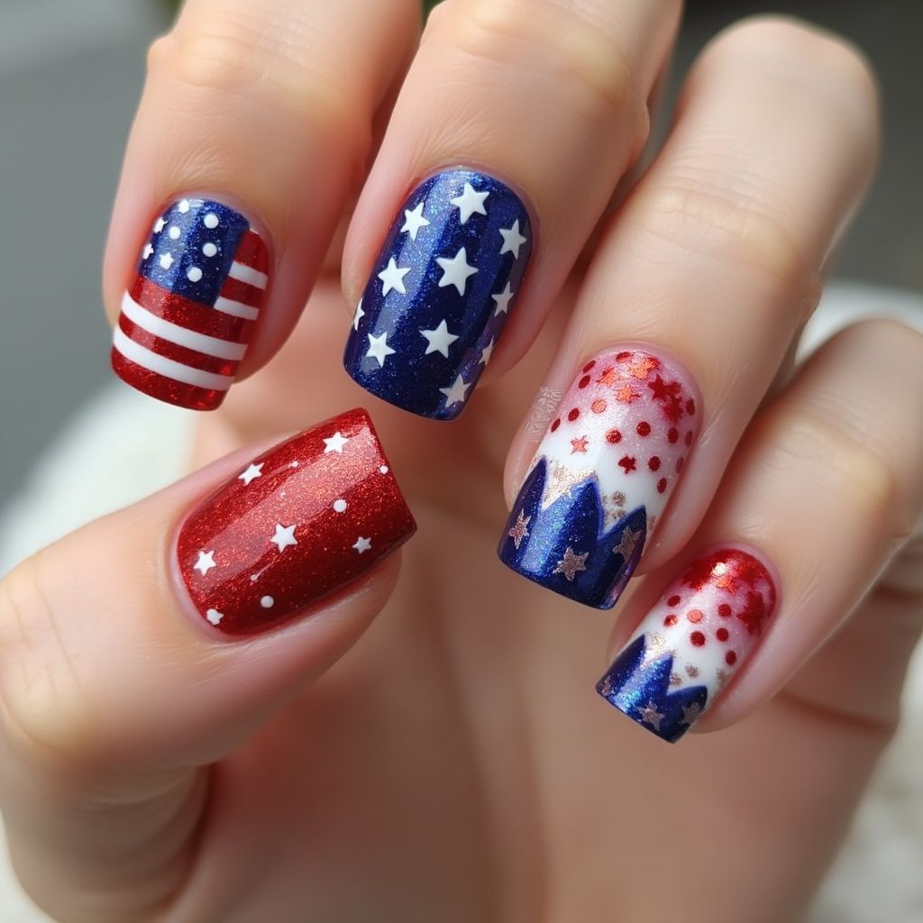 4th Of July Chrome Powder Nail Design