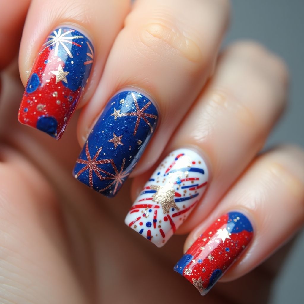 4th Of July Glitter Flakes Nail Design