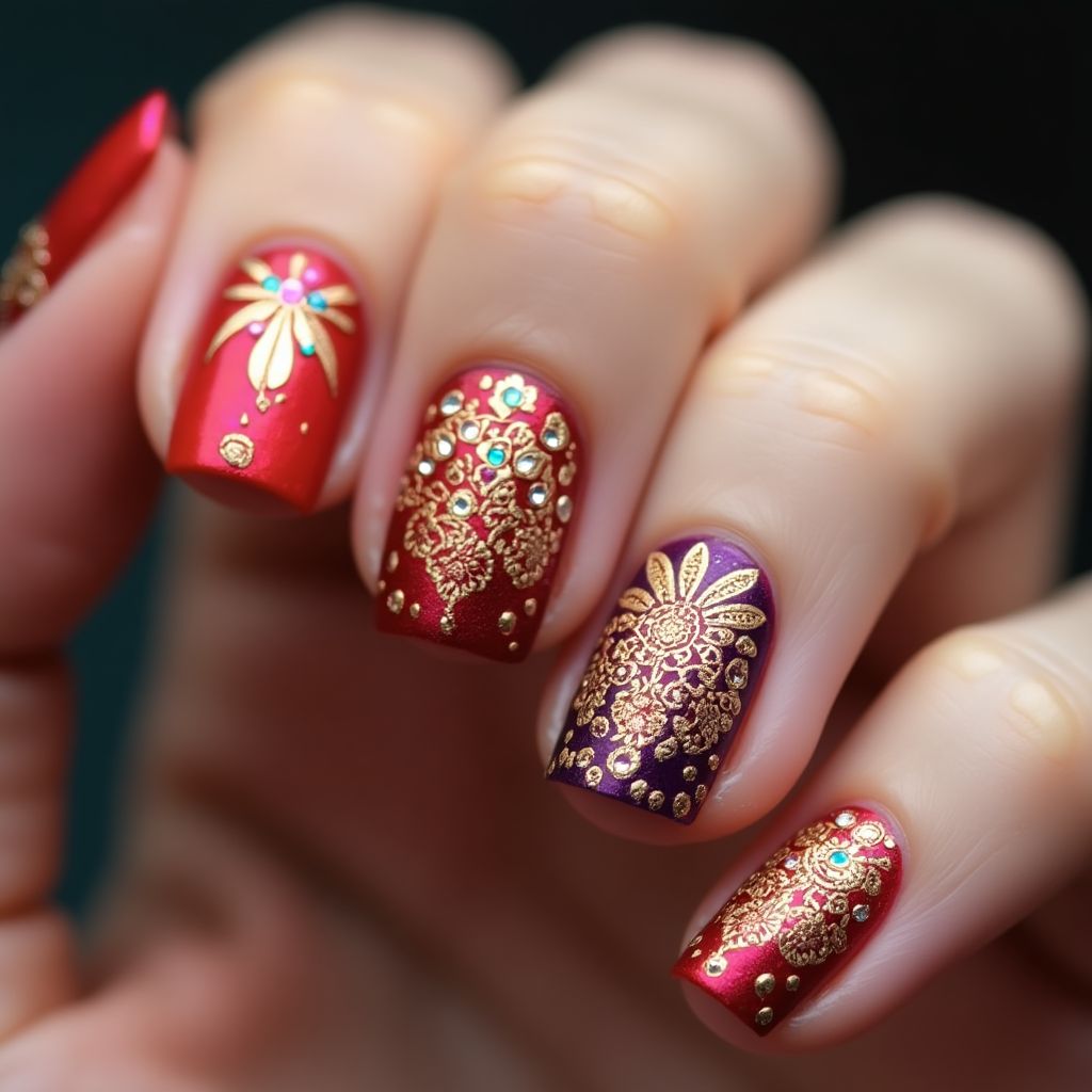 Diwali Rhinestones Nail Design