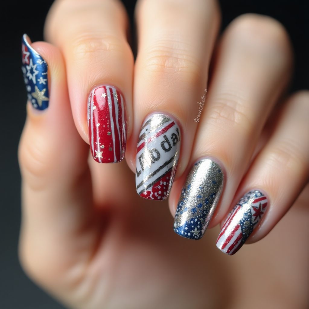Labor Day Chrome Powder Nail Design