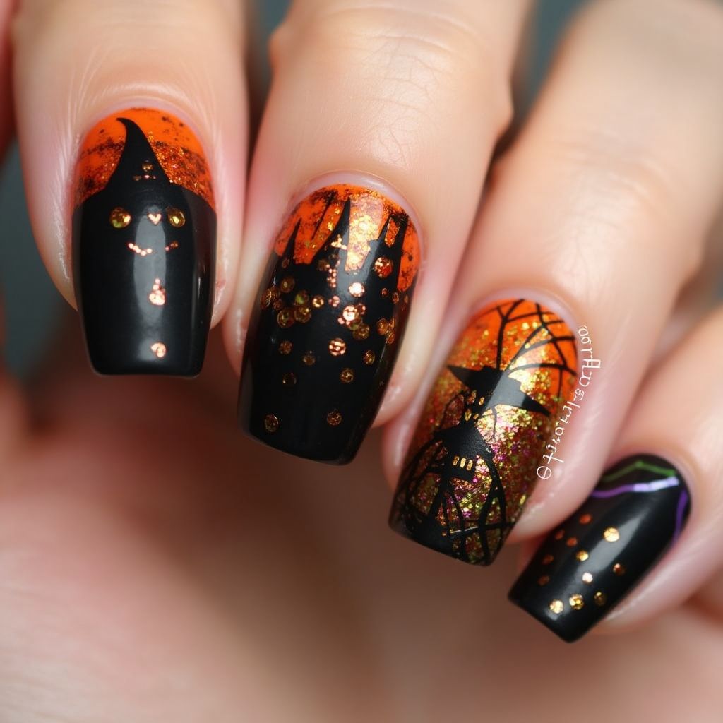 Halloween Glitter Flakes Nail Design