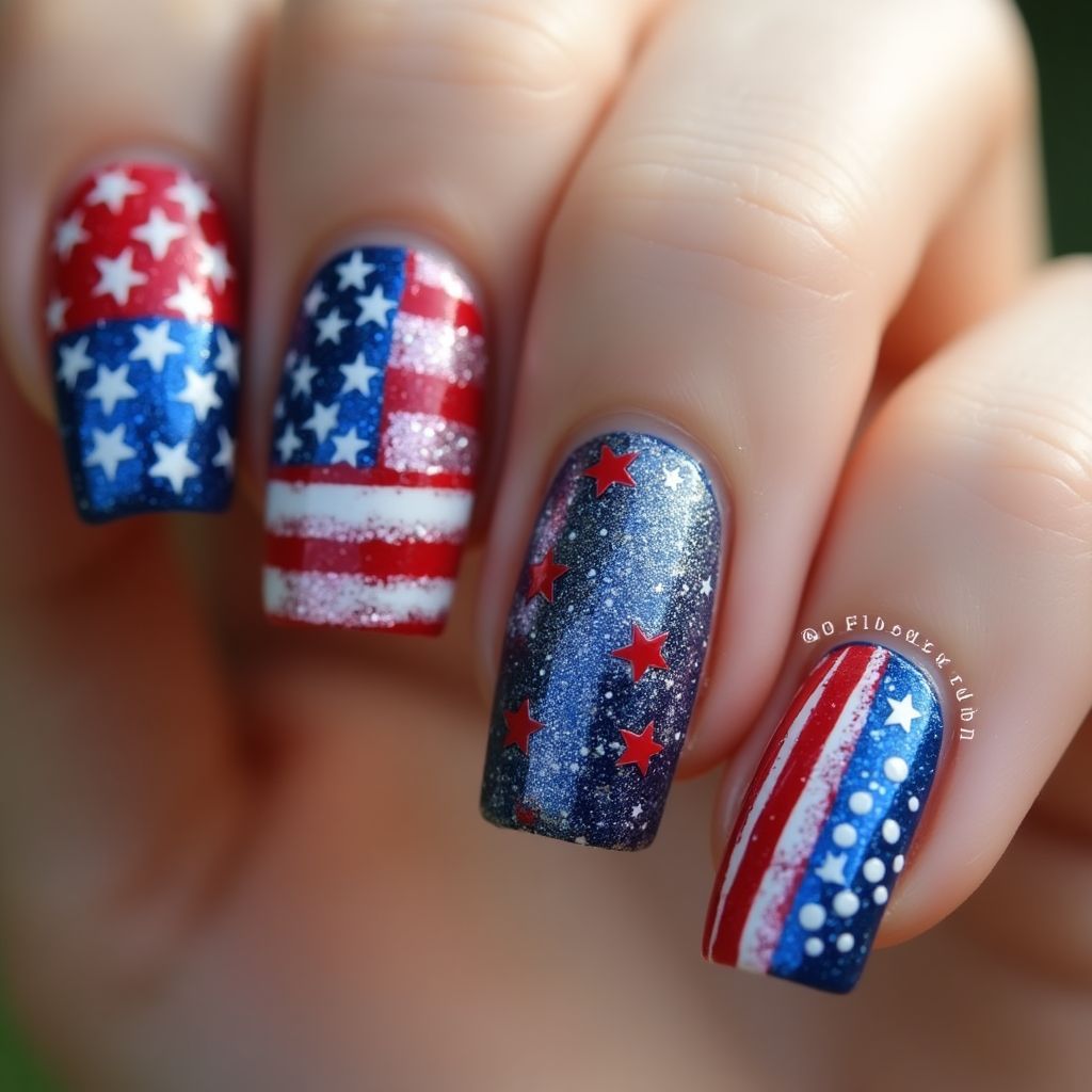 4th Of July Chrome Powder Nail Design