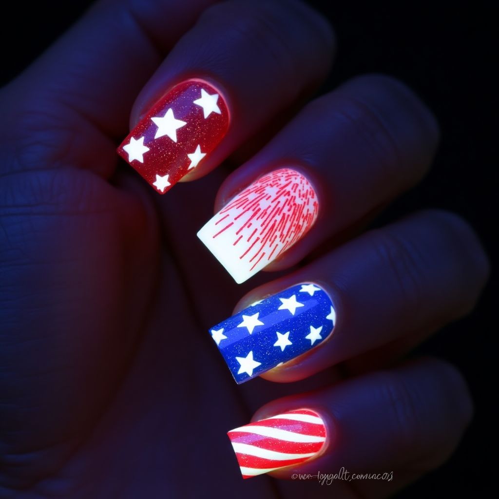 4th Of July Glow In The Dark Polish Nail Design