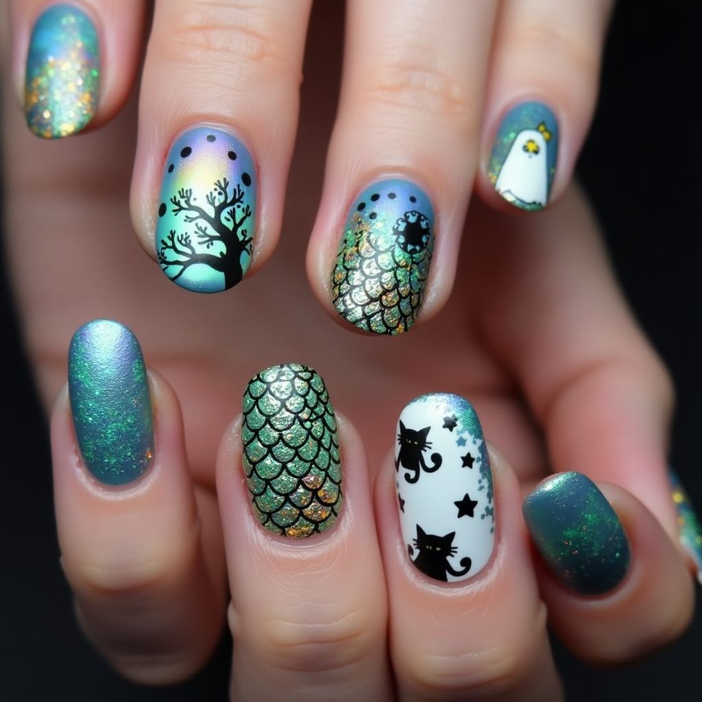Halloween Mermaid Powder Nail Design
