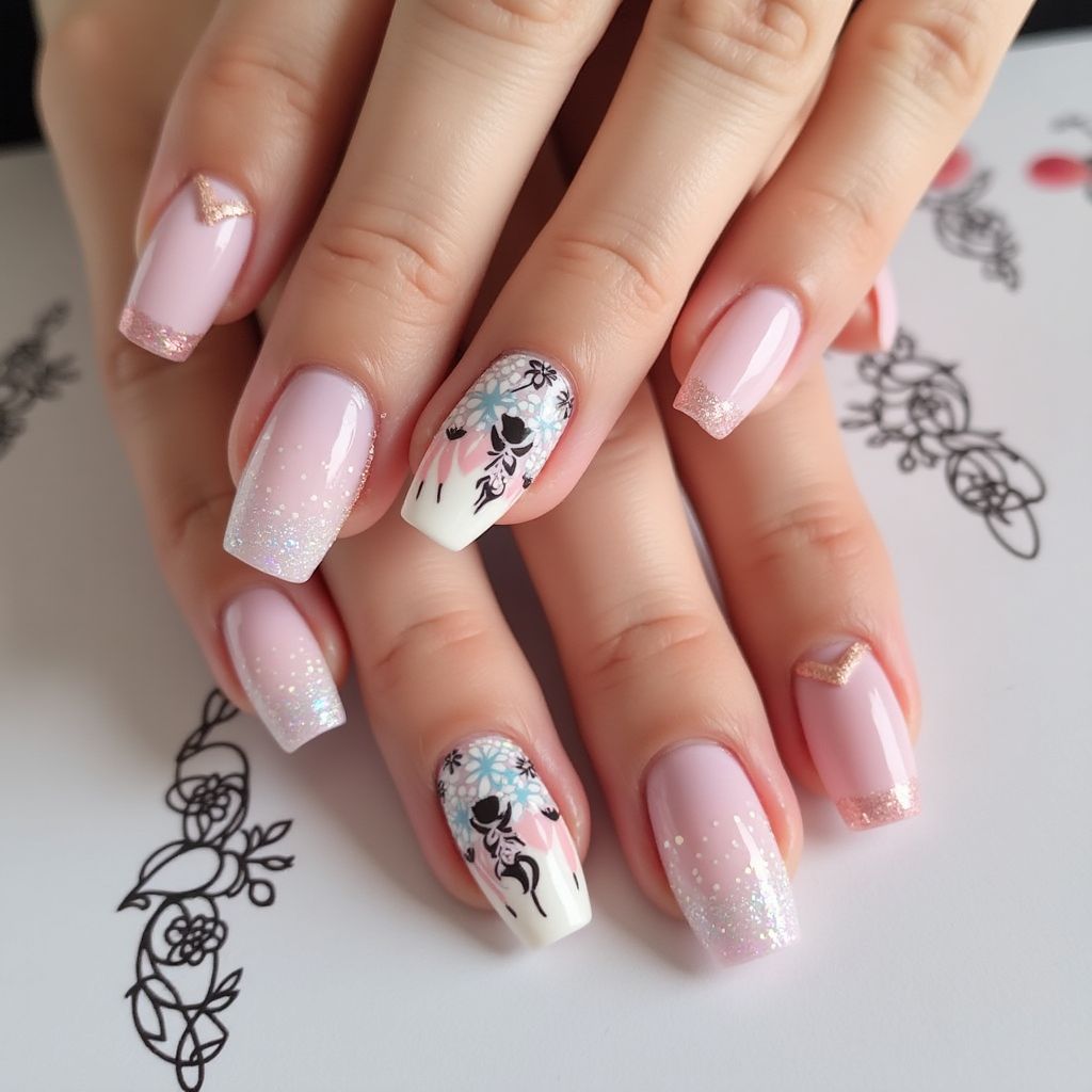 Mother's Day Glitter Powder Nail Design