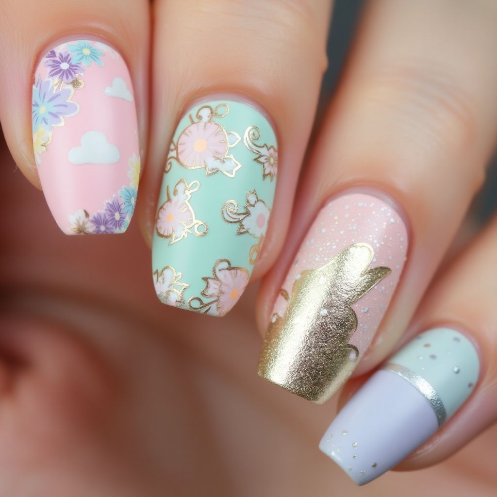 Easter Holo Powder Nail Design