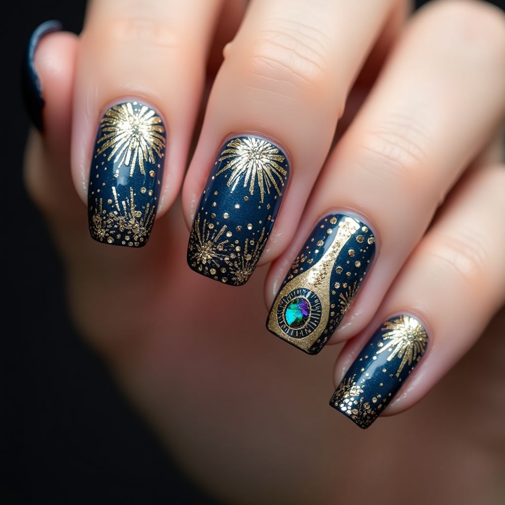 New Year Rhinestones Nail Design