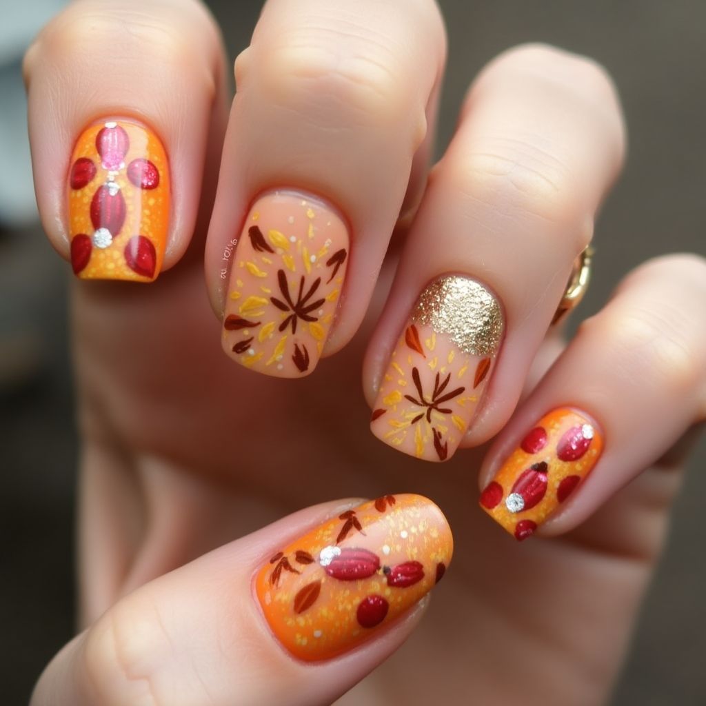 Thanksgiving Glitter Powder Nail Design