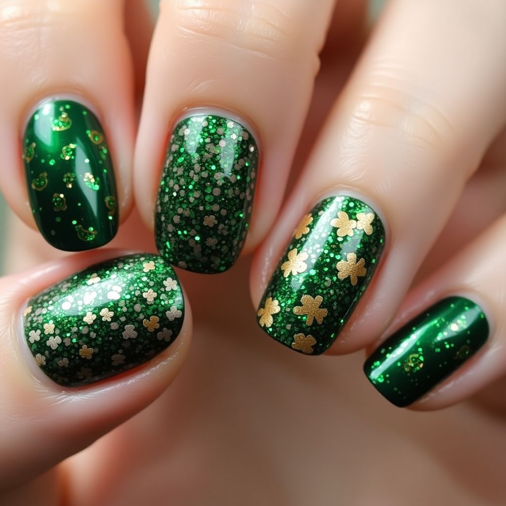 St Patrick's Day Chrome Powder Nail Design