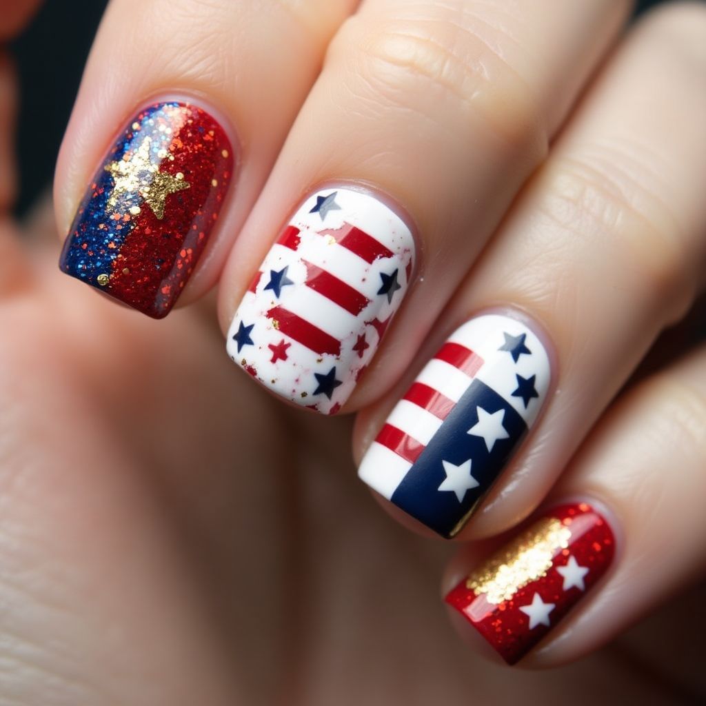 Labor Day Glitter Flakes Nail Design