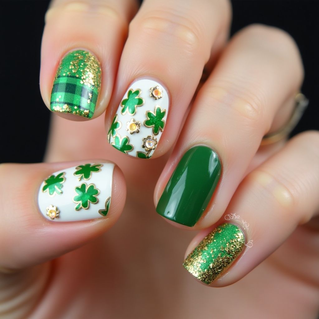 St Patrick's Day Rhinestones Nail Design