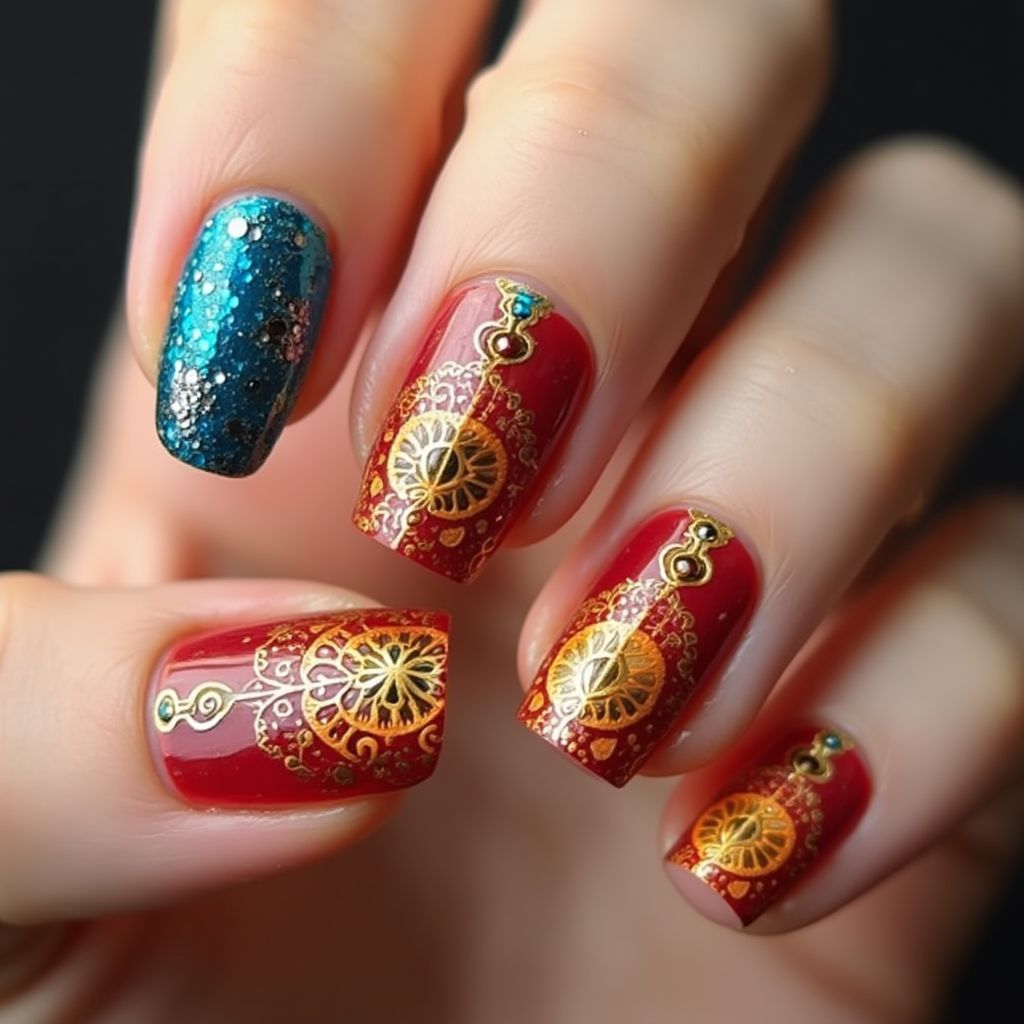 Diwali Nail Foil Nail Design