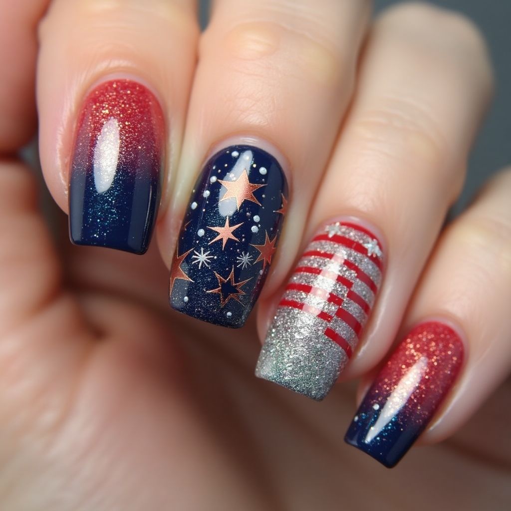 Labor Day Mermaid Powder Nail Design