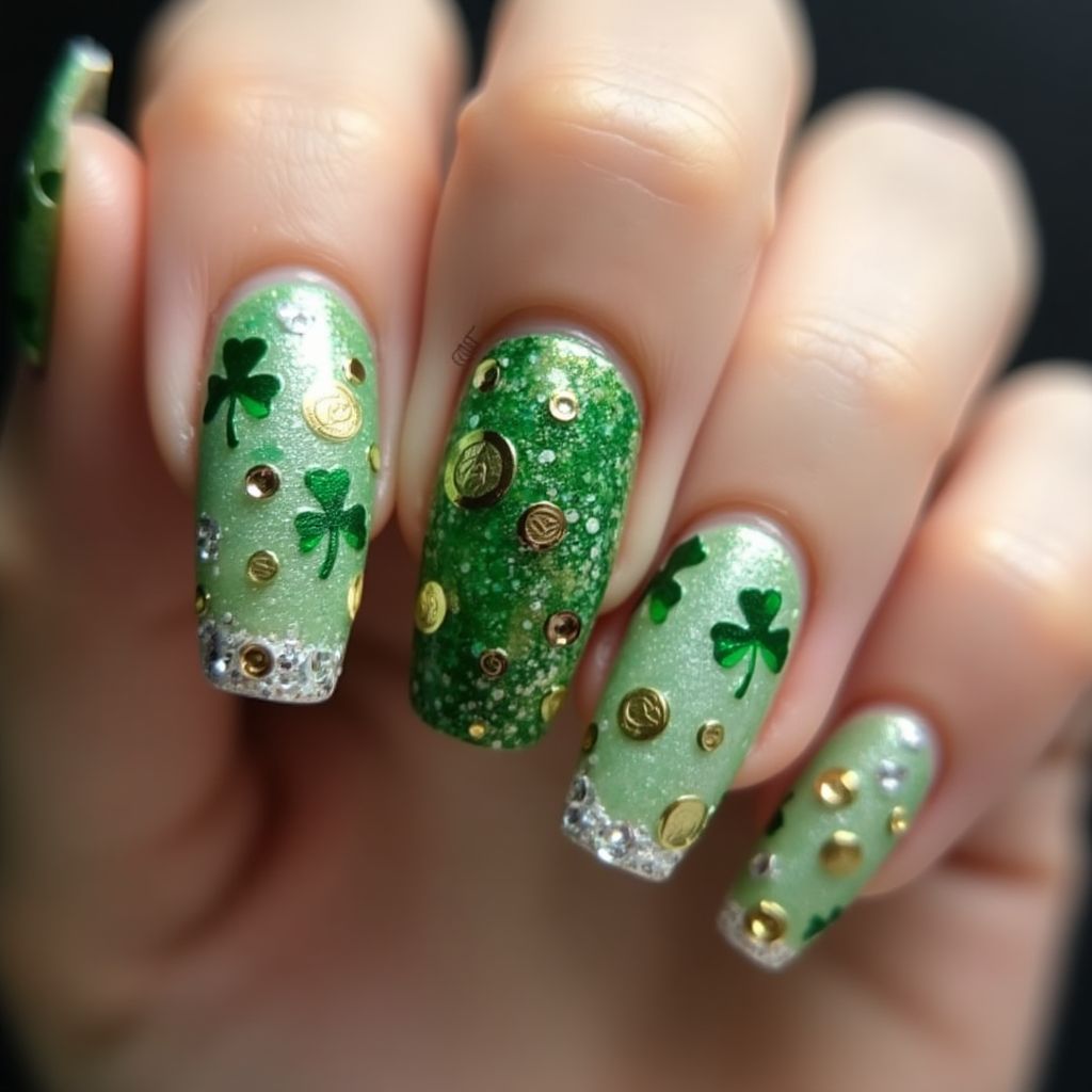 St Patrick's Day Holo Powder Nail Design